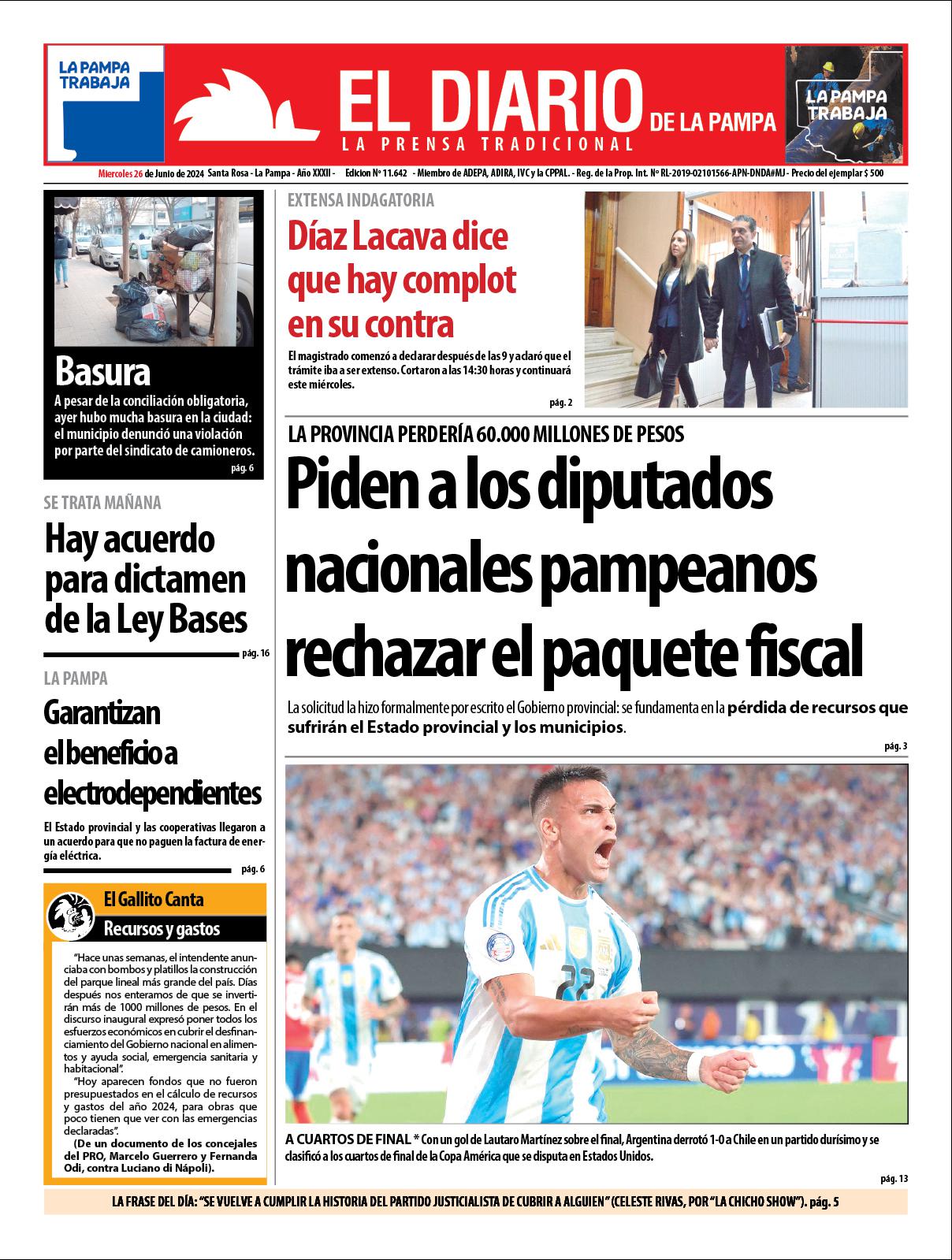 Tapa de El Diario en papel  mieacutercoles 26 de junio de 2024